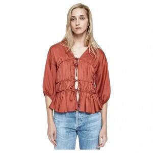 Farrow Mauve Brick Red Ruched Tie Front Boho Peasant Blouse 3/4 Sleeve Satin Top